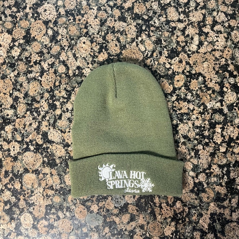 Olive Green Beanie with White Embroidery